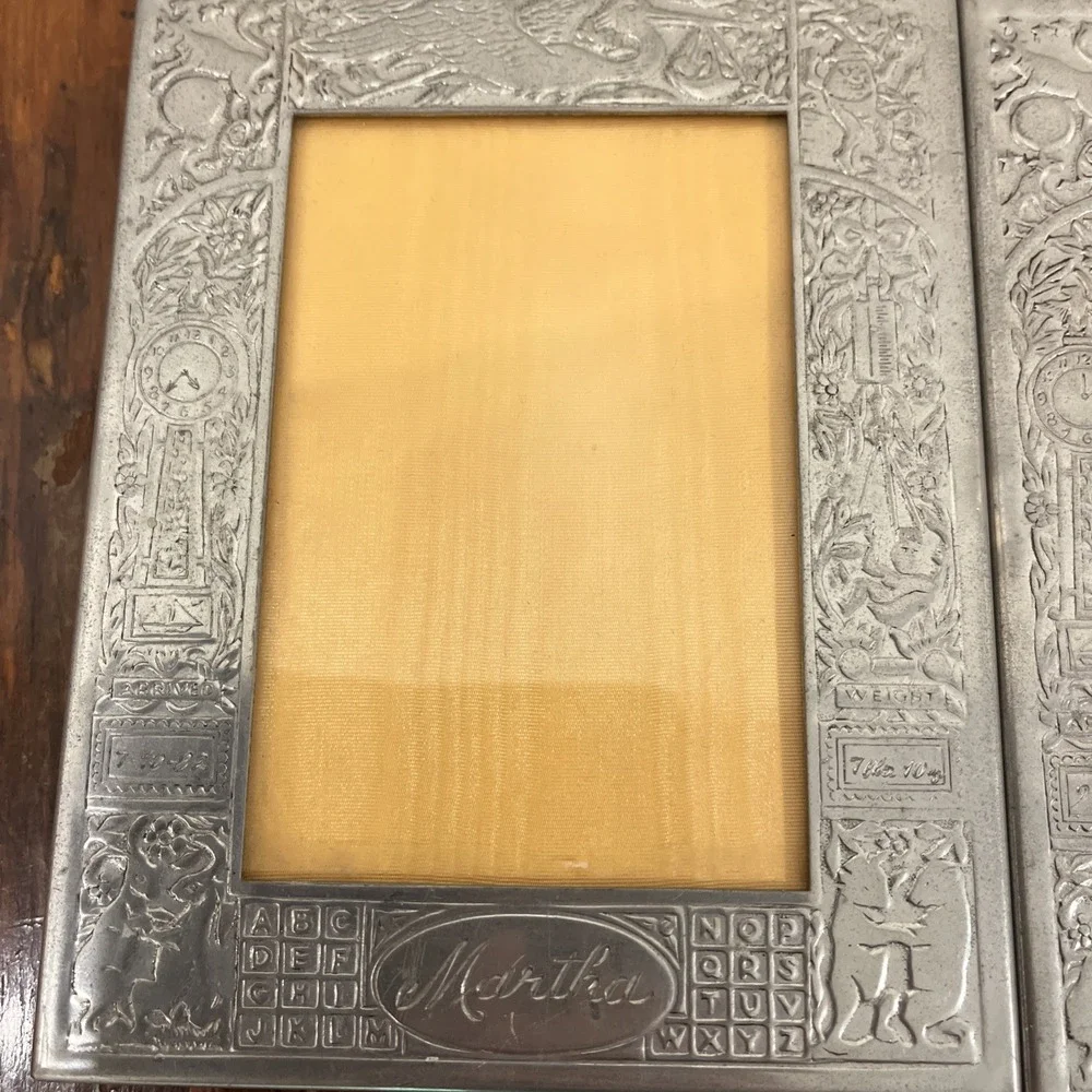 3 Vtg Silver Pewter Empire Ornate Baby Birth Record Photo Frame Portrait Engrave